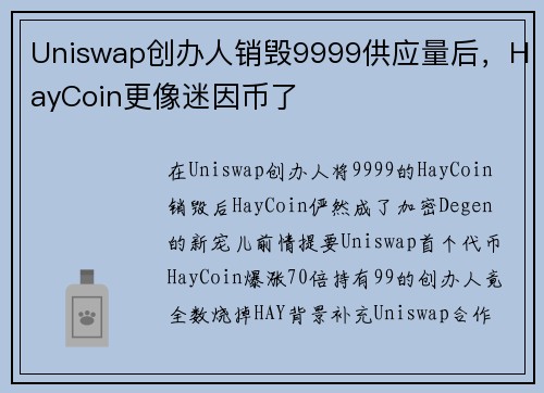 Uniswap创办人销毁9999供应量后，HayCoin更像迷因币了