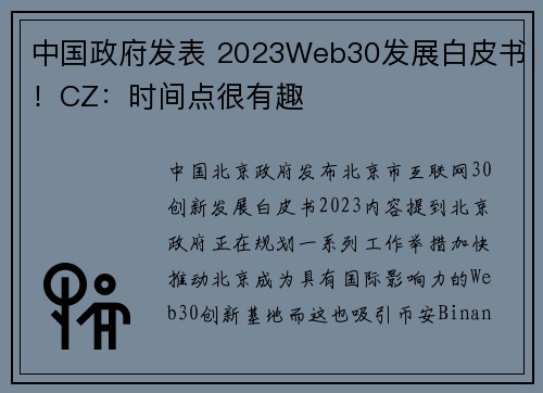 中国政府发表 2023Web30发展白皮书！CZ：时间点很有趣